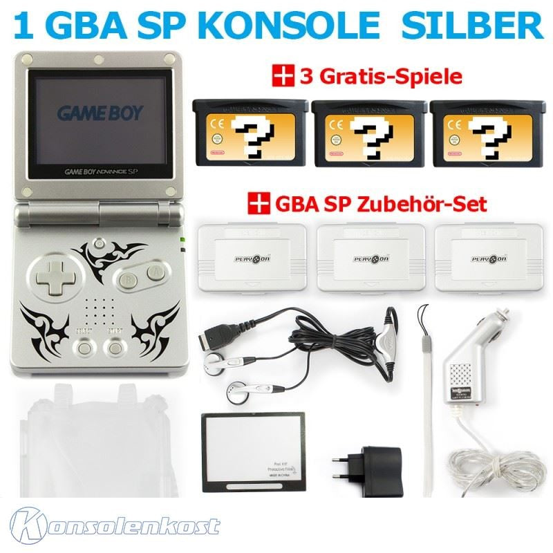 MegaSet Konsole GBA SP + 3 Gratis Spiele + Zubehör Set + Netzteil Tribal