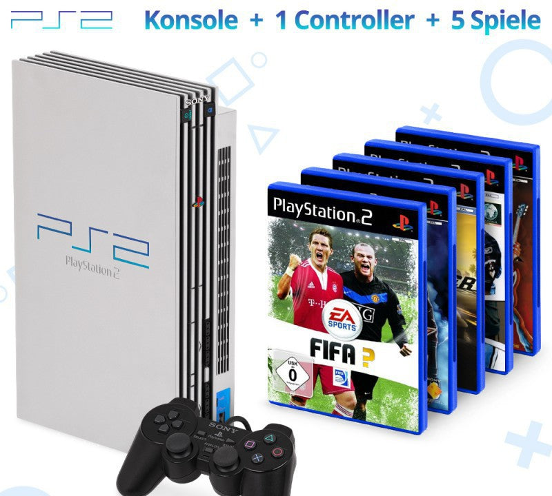 MegaSet: Konsole + 5 Spiele + Original Controller + Zubehör silber