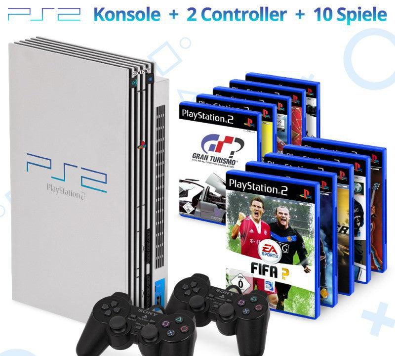 MegaSet: Konsole + 10 Spiele + 2 Original Controller + Zubehör silber