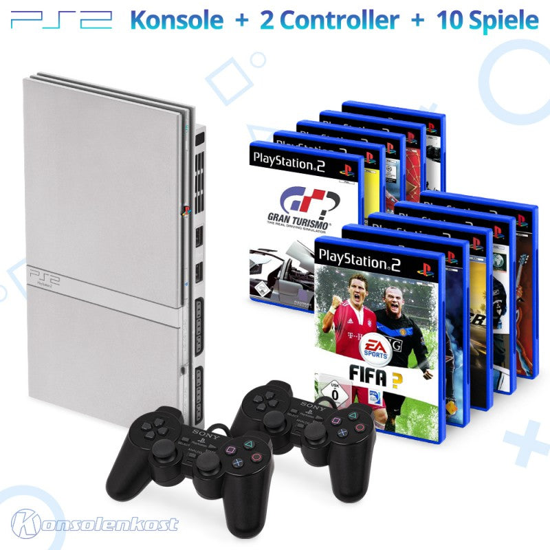 MegaSet: Konsole Slim + 10 Spiele + 2 Original Controller + Zubehör silber