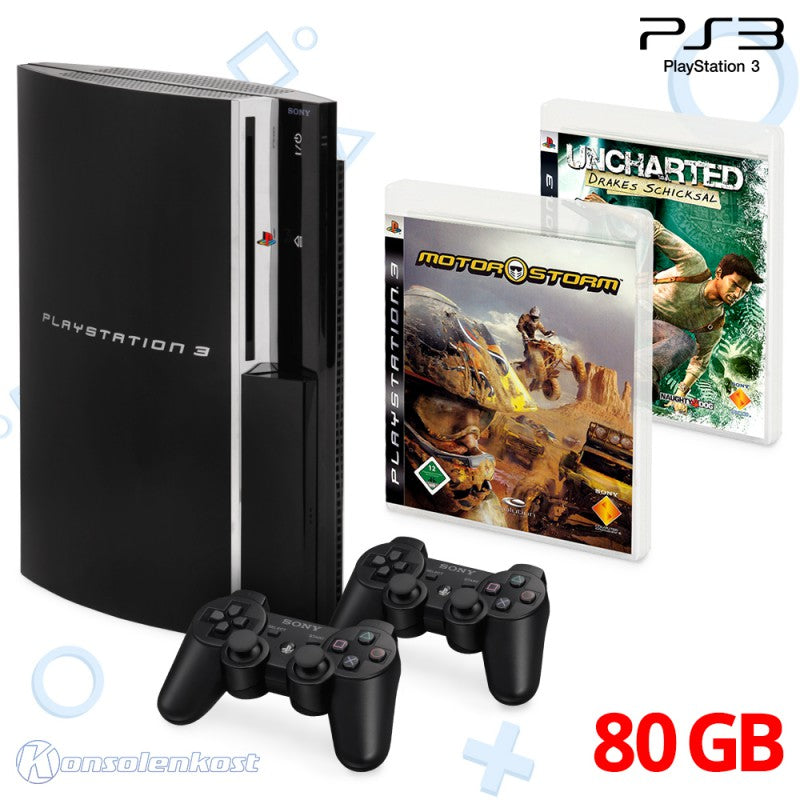 Konsole FAT 80GB schwarz + Motor Storm + Uncharted: Drake's Schicksal + 2 Original Controller