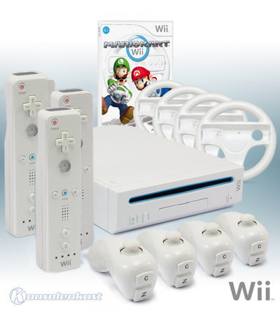 Konsole weiß + Mario Kart + 4 Original Remotes + 4 Lenkrädern