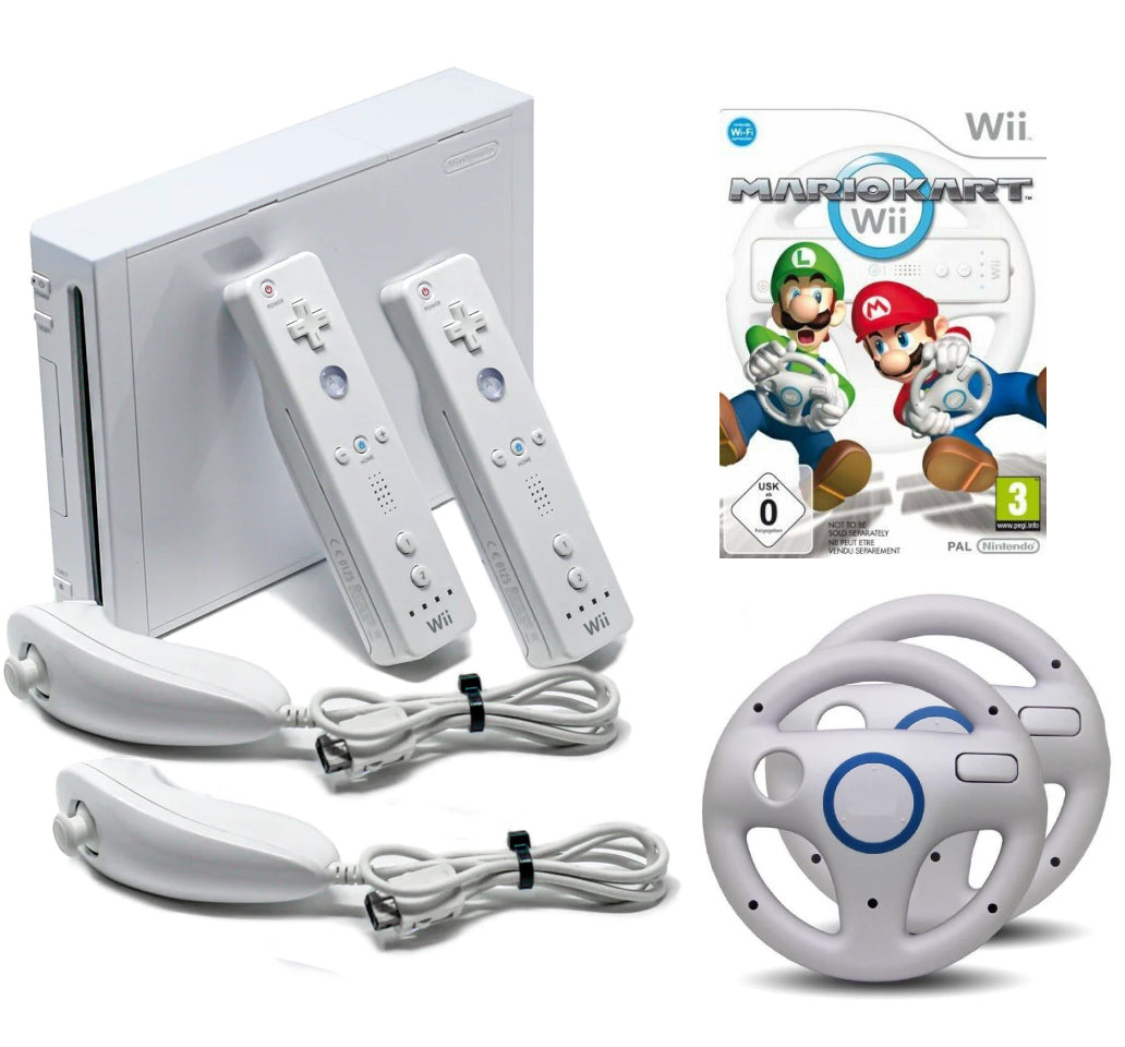 Konsole weiß + Mario Kart + 2 Original Remotes + 2 Lenkrädern