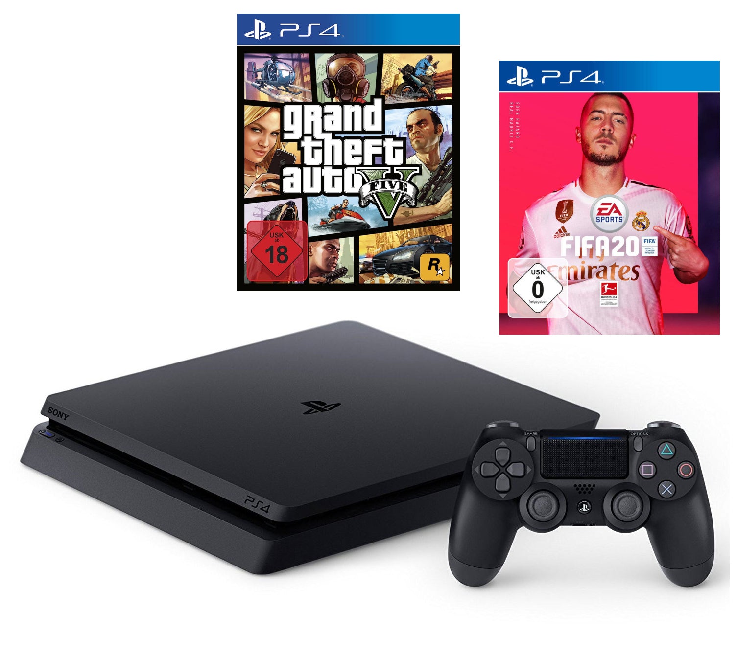 Konsole Slim 1TB schwarz + Fifa 20 + GTA 5 + Original Controller