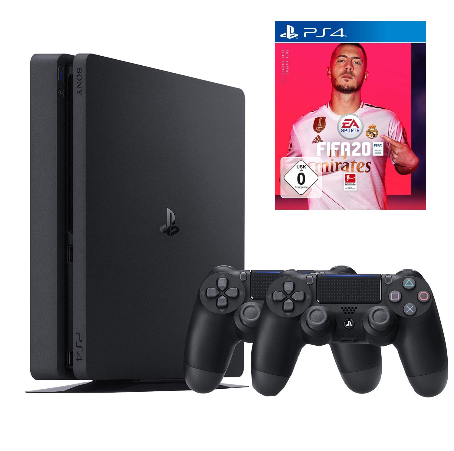 Konsole Slim 1TB schwarz + Fifa 20 + 2 Original Controller
