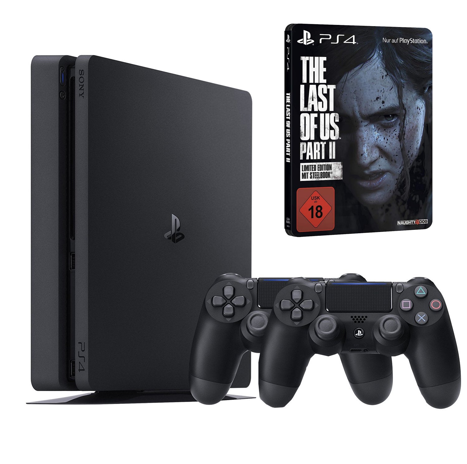Konsole Slim 500GB schwarz + Last of Us II + 2 Original Controller — Steelbook