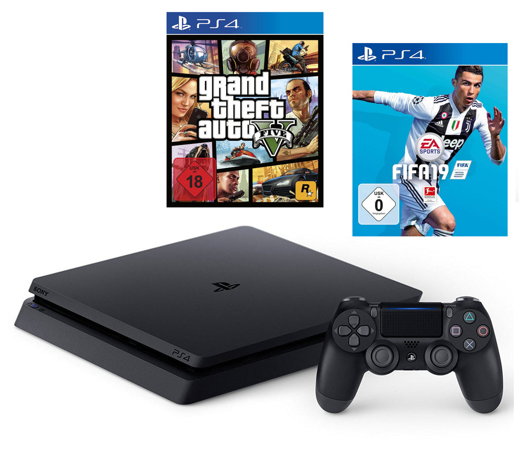 Konsole Slim 1TB schwarz + GTA 5 + Fifa 19 + Original Controller