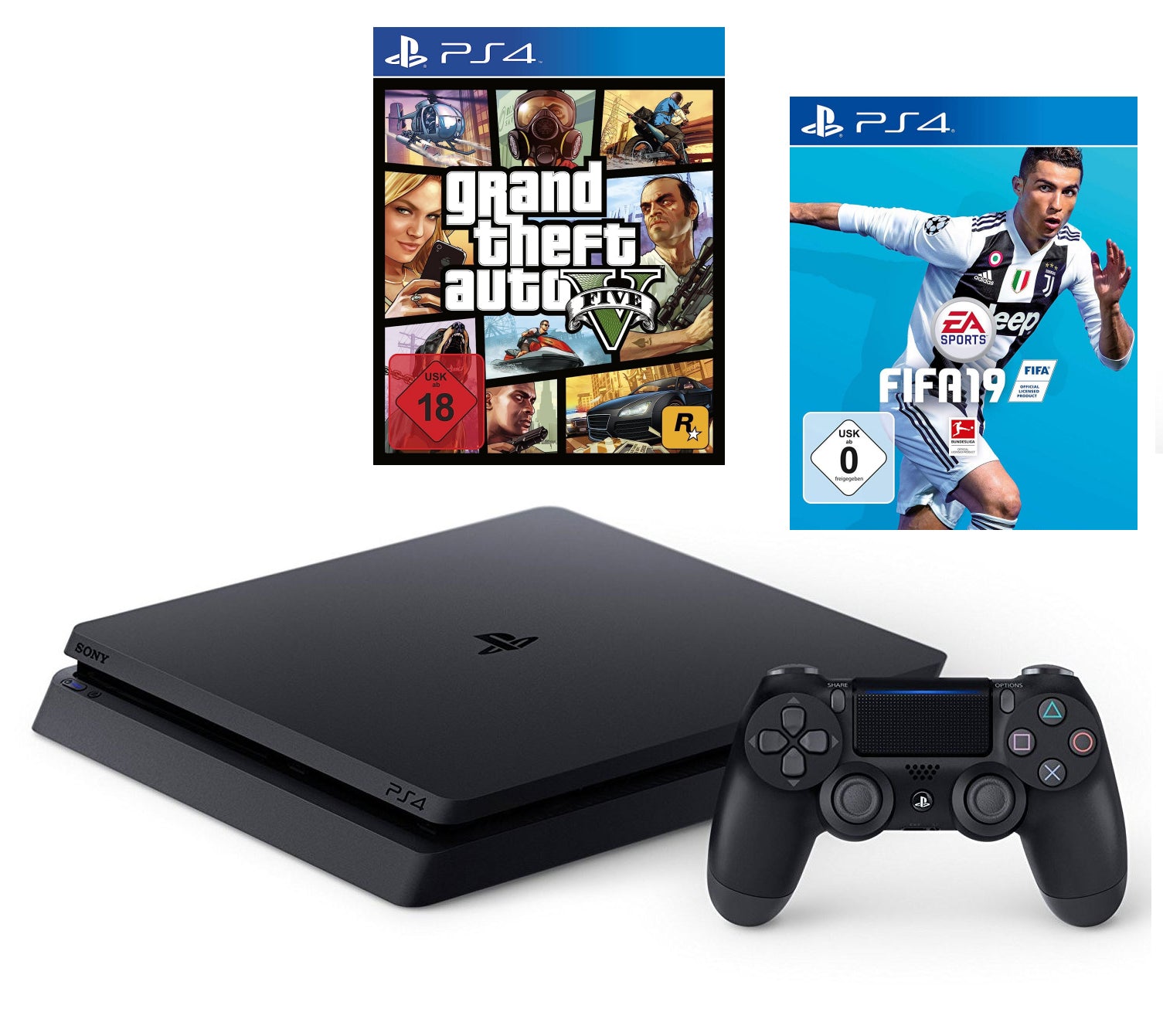 Konsole Slim 1TB schwarz + GTA 5 + Fifa 19 + Original Controller
