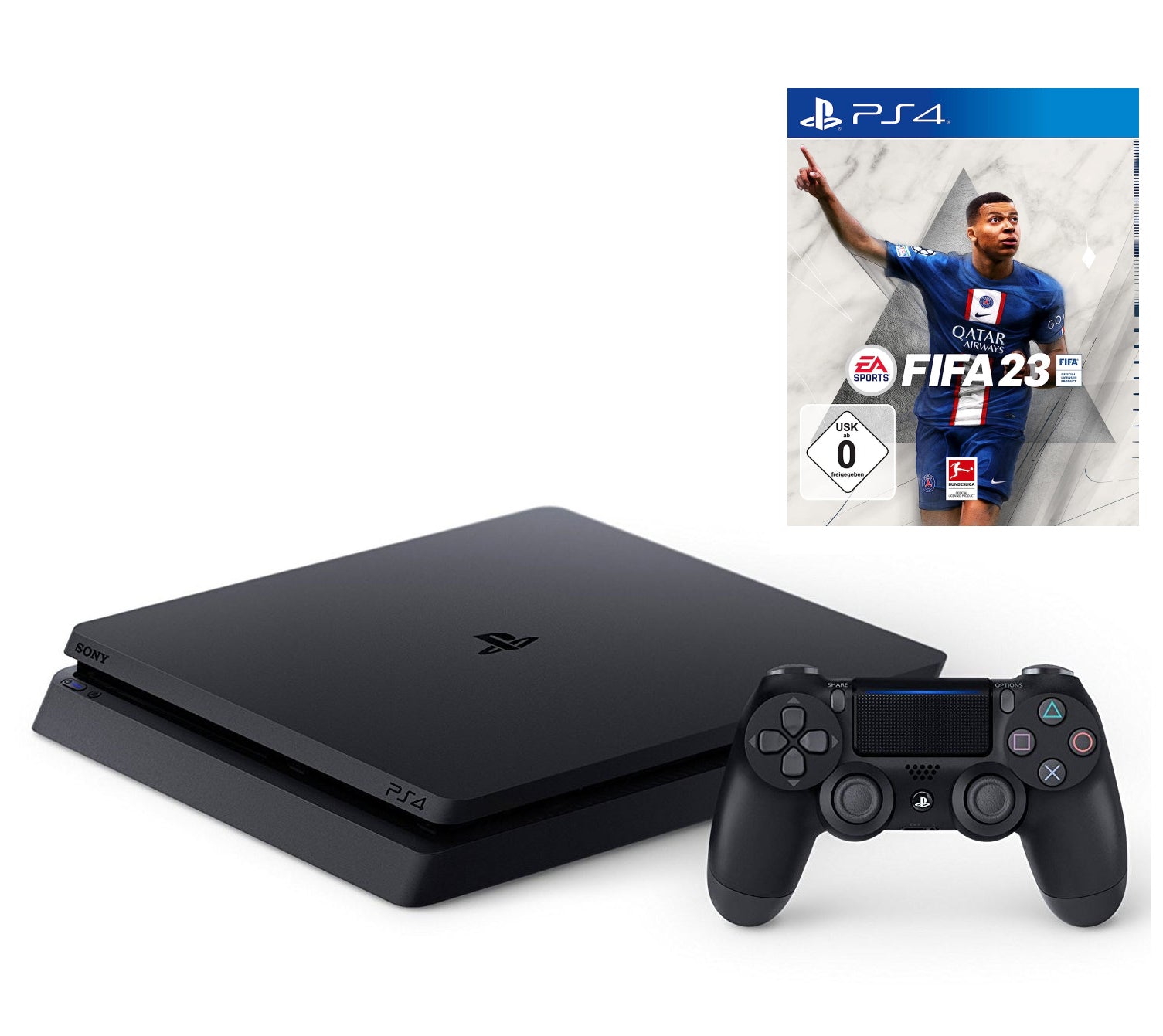 Konsole Slim 500GB schwarz + FIFA 23 + Original Controller