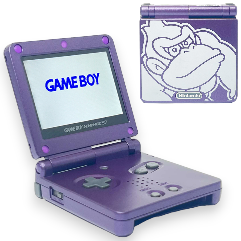 Konsole GBA SP Donkey Kong lila IPS V2 Mod + Netzteil