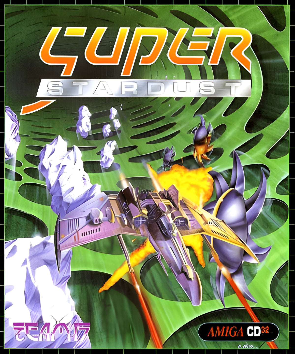 Das Cover von A1200 - Super Stardust für Amiga zeigt ein Raumschiff im Kampf gegen Alien-Objekte.