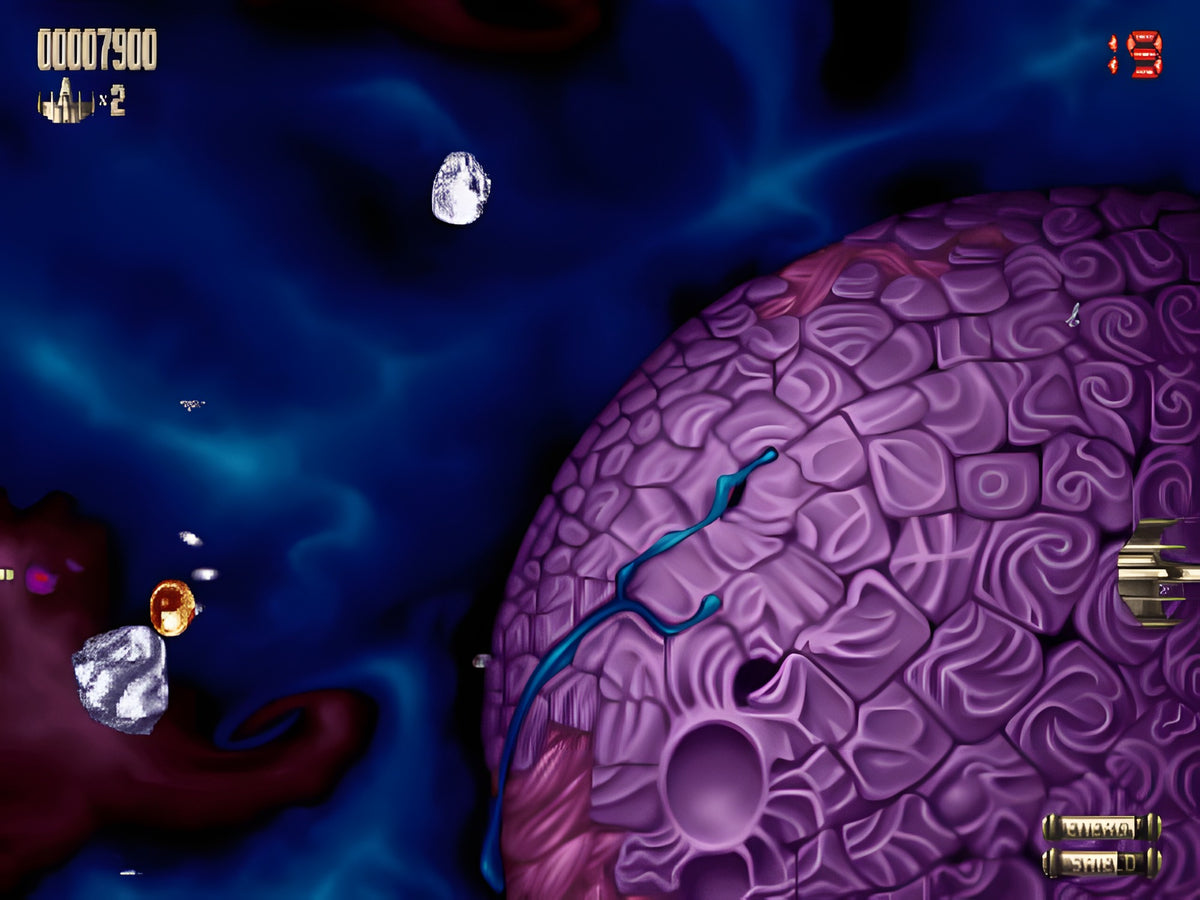 Eine Spielszene aus A1200 - Super Stardust zeigt ein Raumschiff neben einem großen Planeten.