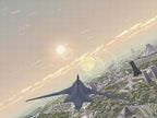 Ein futuristischer Jet fliegt über einer Stadtlandschaft mit hohen Gebäuden, während die Sonne am Horizont scheint.