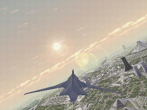 Ein futuristischer Jet fliegt über einer Stadtlandschaft mit hohen Gebäuden, während die Sonne am Horizont scheint.