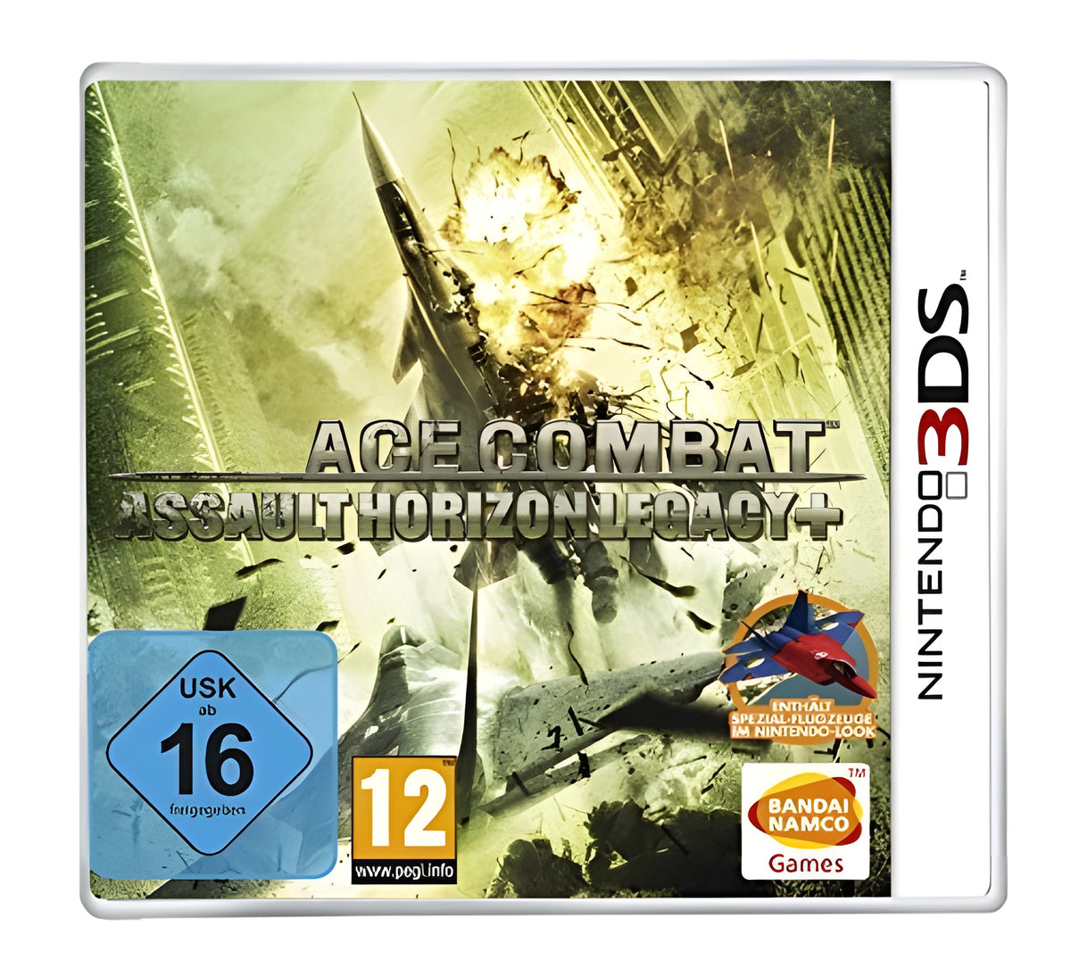 Das Cover von Ace Combat: Assault Horizon Legacy+ zeigt einen Jet in einer Explosion mit USK 16 und PEGI 12.