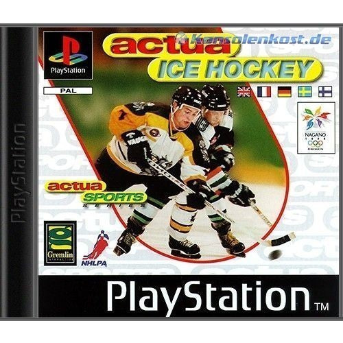 Das Cover von Actua Ice Hockey für PlayStation zeigt zwei Eishockeyspieler im Zweikampf um den Puck.