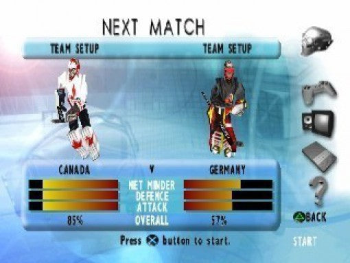 Das Menübild zeigt die Team-Setup-Auswahl für ein Spiel zwischen Kanada und Deutschland.