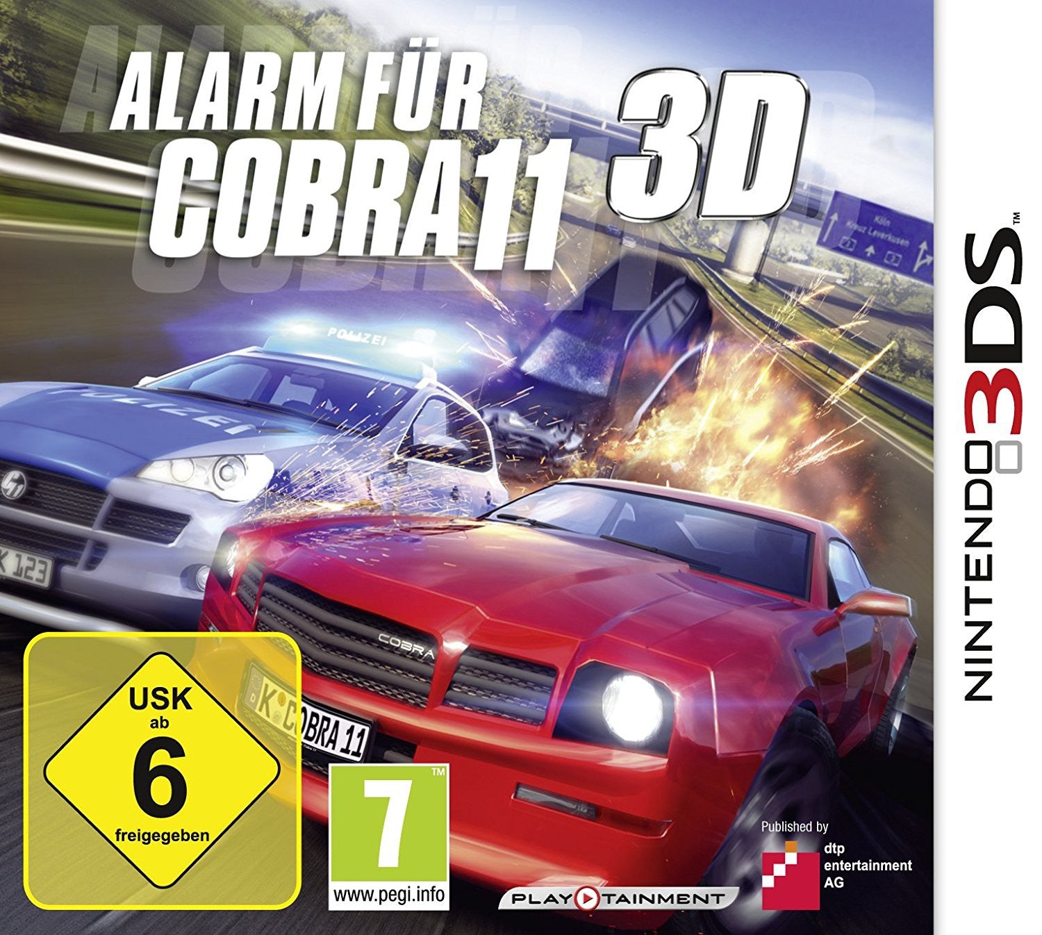 Das Cover von Alarm für Cobra 11 3D für Nintendo 3DS zeigt einen Autounfall auf der Autobahn.