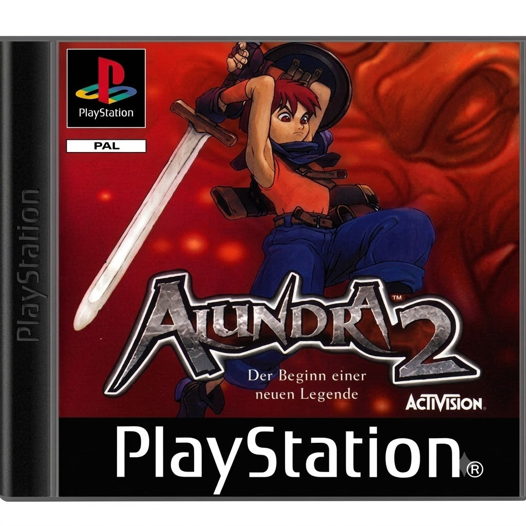 Alundra 2: Beginn einer neuen Legende für PS1 zeigt den Helden mit einem Schwert auf dem Cover.