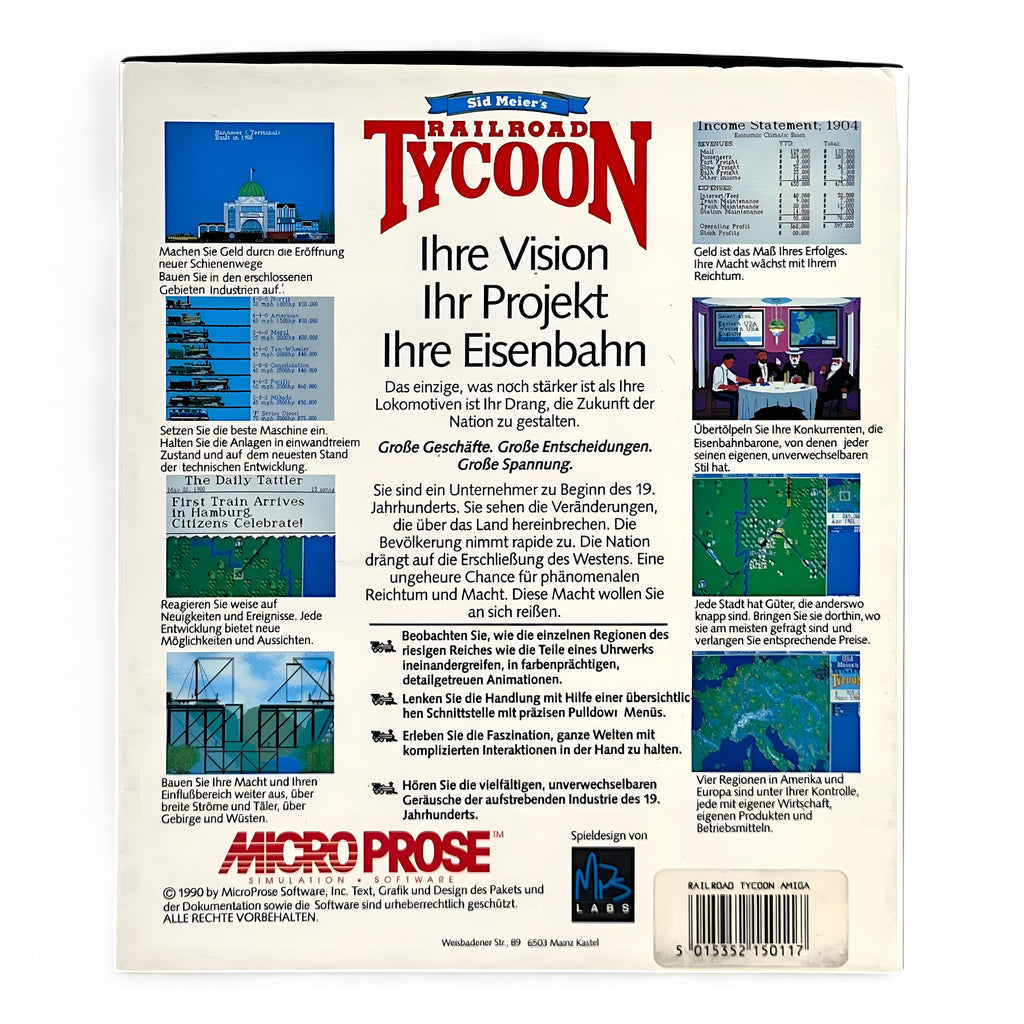 Die Rückseite von Amiga - Sid Meier's Railroad Tycoon zeigt Spielszenen und deutsche Texte.