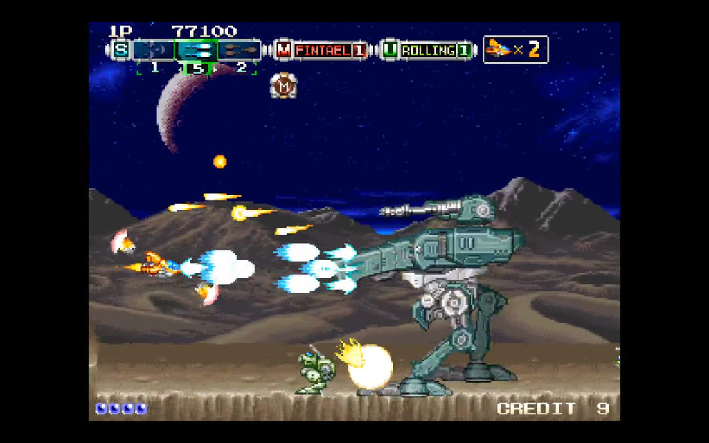 Ein Raumschiff kämpft in Andro Dunos 2 gegen einen großen Boss auf einem Planeten mit Mond.