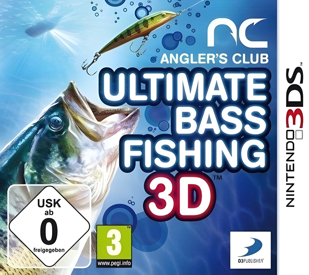 Das Cover von Anglers Club Ultimate Bass Fishing 3D zeigt einen großen Fisch unter Wasser und einen Angelköder. USK ab 0.