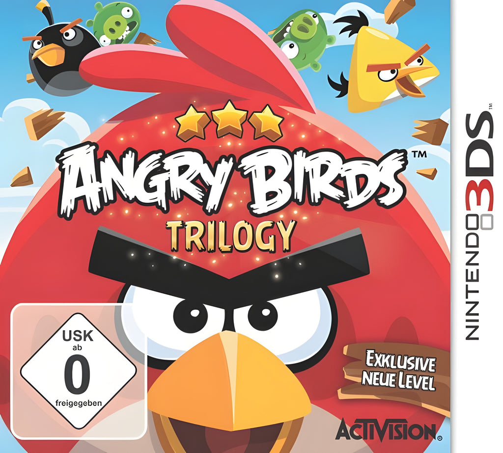 Das Cover von Angry Birds Trilogy für Nintendo 3DS zeigt einen großen roten Vogel und das USK-Siegel ab 0.