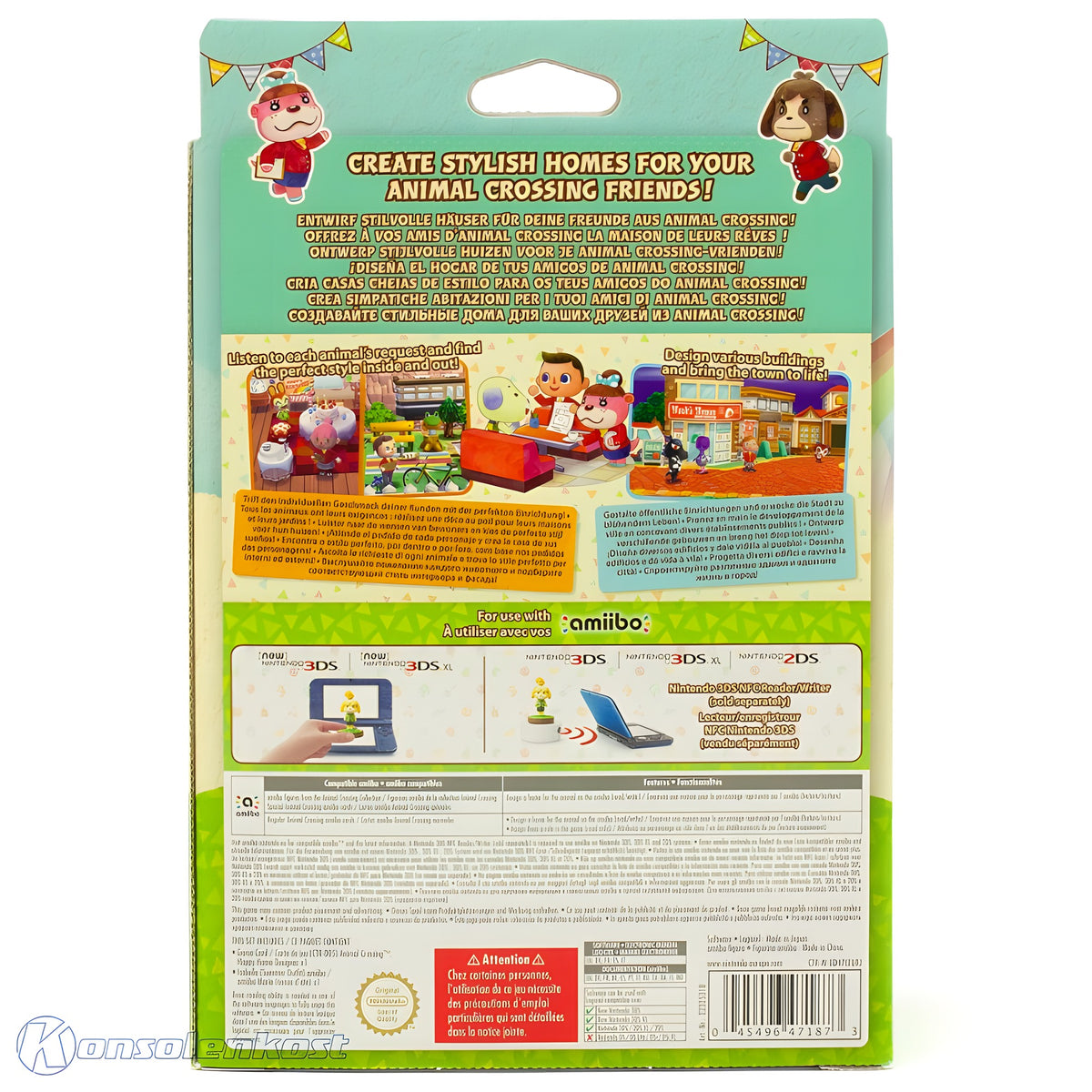 Die Rückseite von Animal Crossing: Happy Home Designer + Amiibo Melinda Sommer Outfit zeigt Spielszenen und Texte.