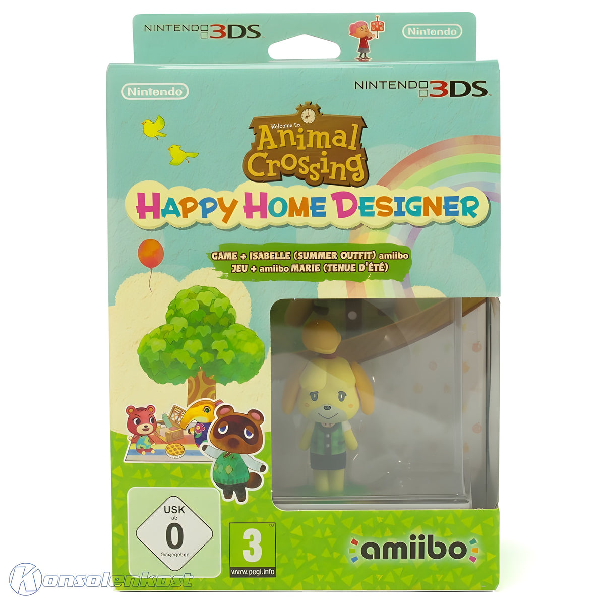 Das Hauptbild von Animal Crossing: Happy Home Designer + Amiibo Melinda Sommer Outfit für Nintendo 3DS zeigt die Packung.