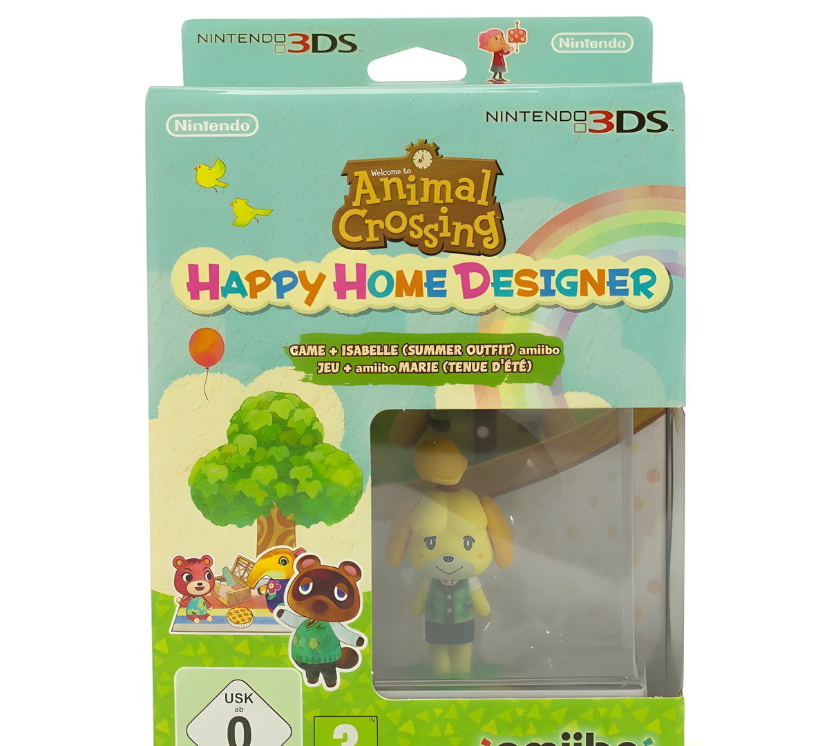 Die Vorderseite von Animal Crossing: Happy Home Designer + Amiibo Melinda Sommer Outfit zeigt die Amiibo-Figur im Detail.