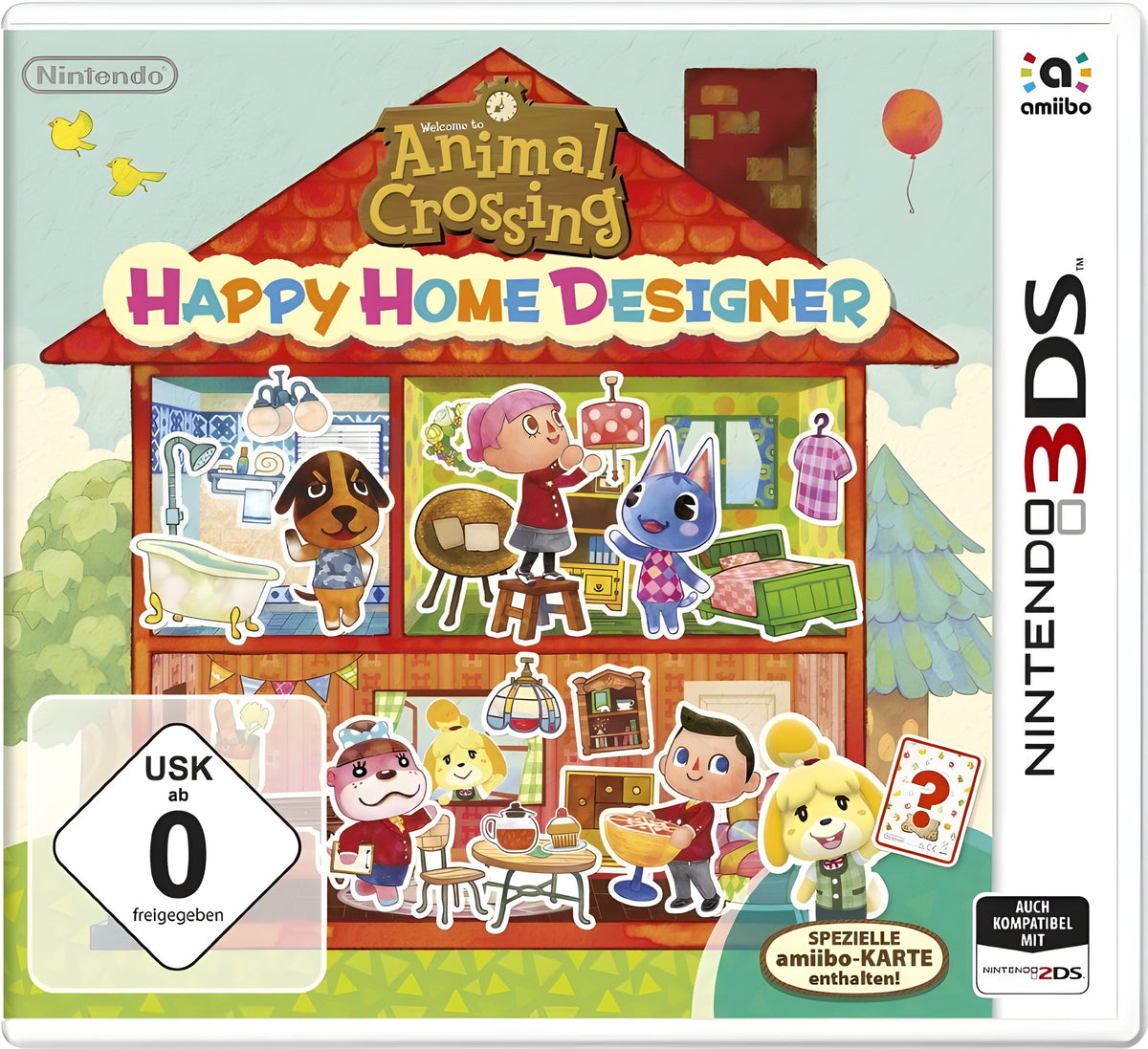 Das Cover von Animal Crossing: Happy Home Designer + NFC Reader + Amiibo Karte für Nintendo 3DS zeigt die USK ab 0.
