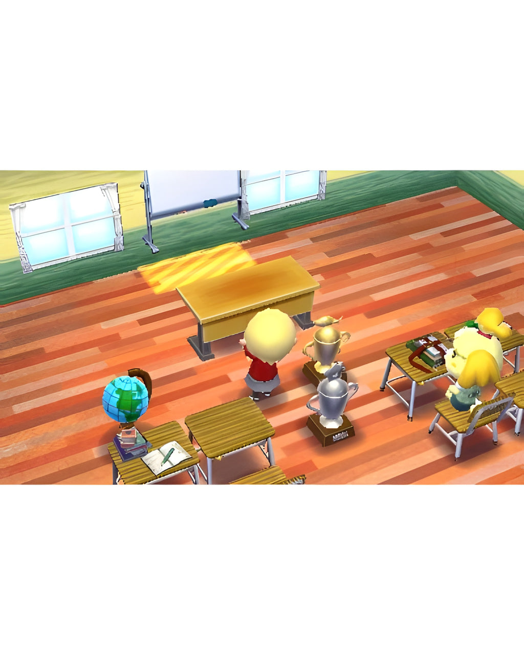 Ein Schulzimmer mit Pokalen und einer Figur ist in Animal Crossing: Happy Home Designer + NFC Reader + Amiibo Karte zu sehen.