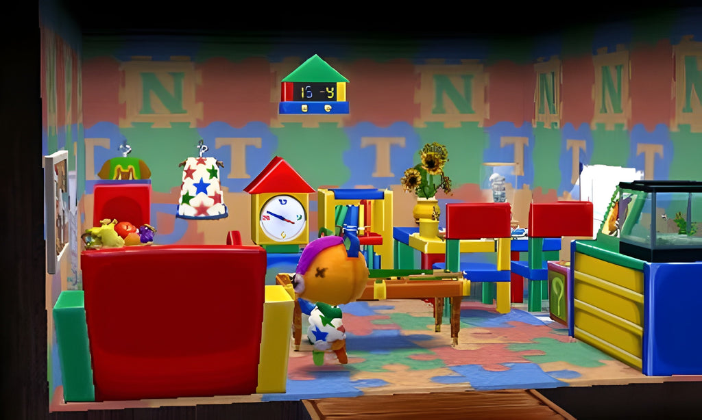 Ein buntes Kinderzimmer mit Spielzeug und einer Figur zeigt Animal Crossing: Happy Home Designer + NFC Reader + Amiibo Karte.