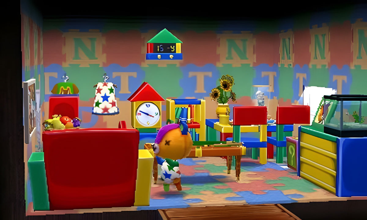Ein buntes Kinderzimmer mit Spielzeug und einer Figur zeigt Animal Crossing: Happy Home Designer + NFC Reader + Amiibo Karte.