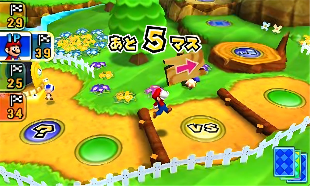 In Animal Crossing: Happy Home Designer läuft Mario über ein grünes Spielbrett mit Pilzen.