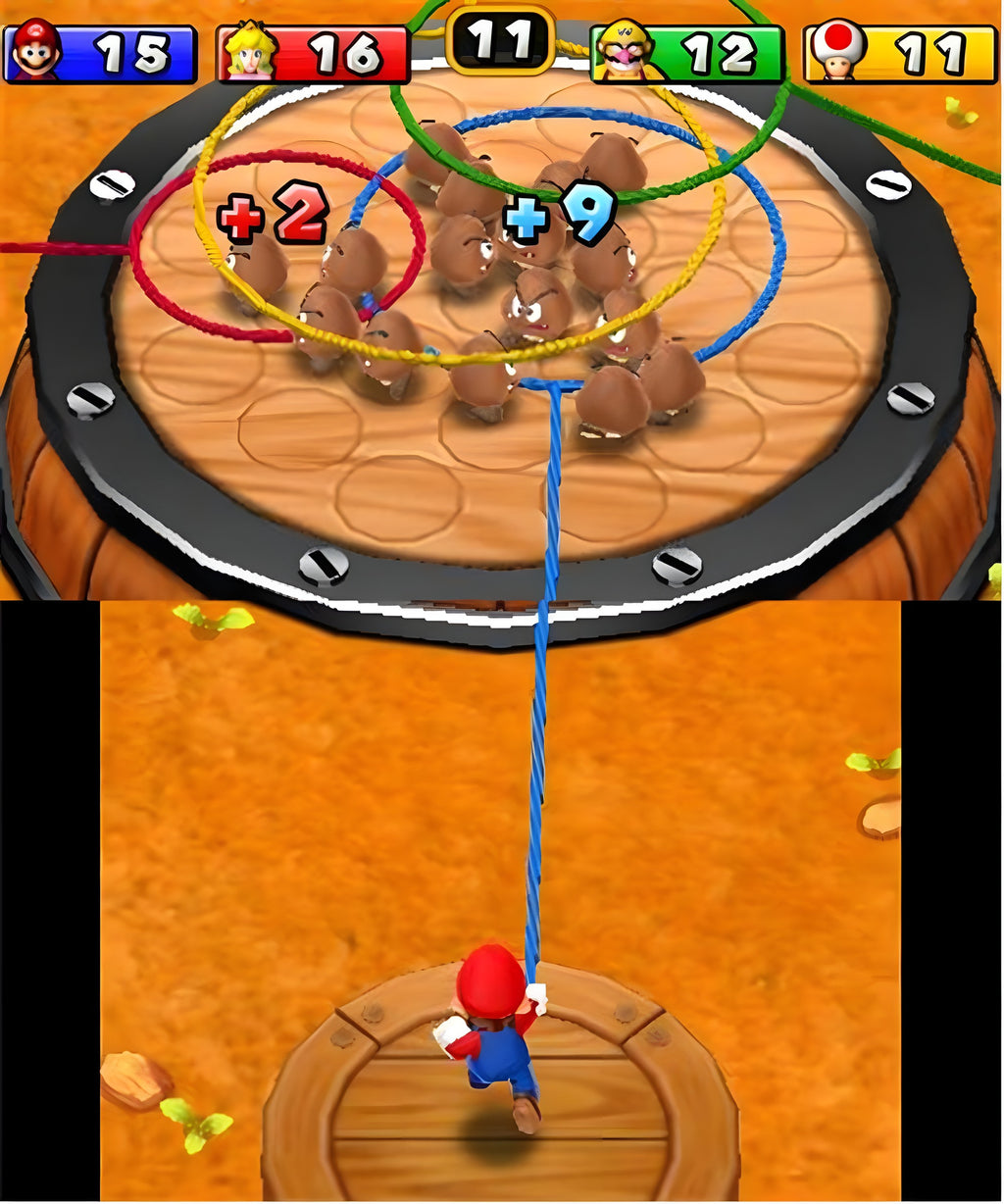 Mario zieht ein Seil in einer Spielszene aus Animal Crossing: Happy Home Designer.