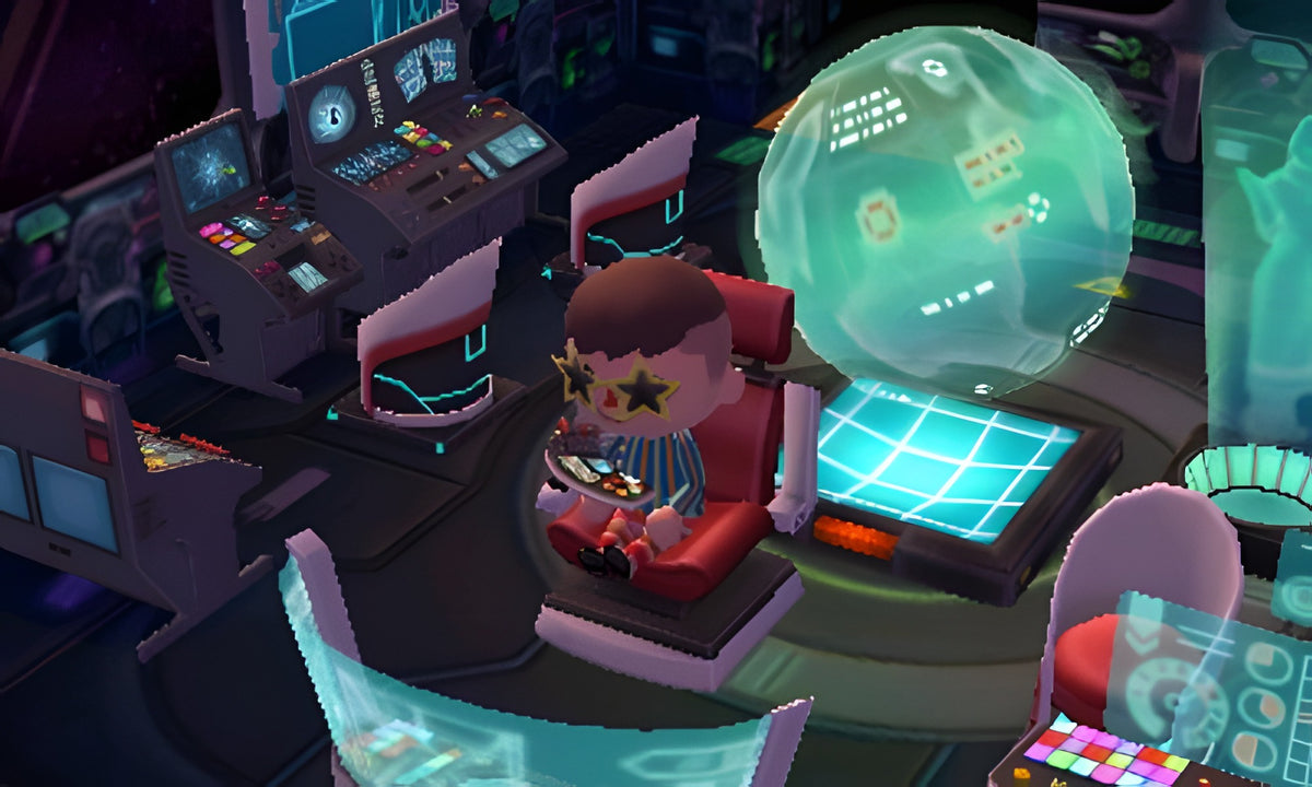 In Animal Crossing: New Leaf sitzt eine Figur mit Sternenbrille in einem Raumschiff vor Konsolen.