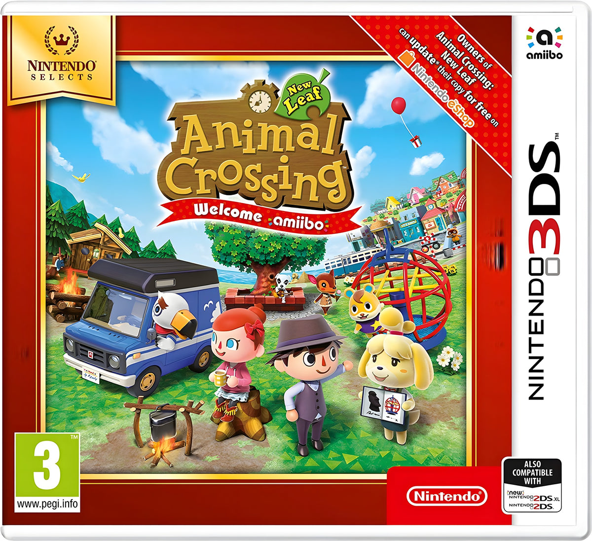 Das Cover von Animal Crossing: New Leaf - Welcome Amiibo zeigt mehrere Charaktere vor einer Stadtkulisse und dem Nintendo.
