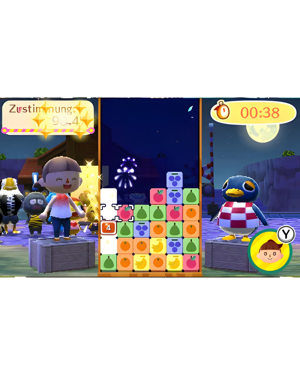 Animal Crossing: New Leaf - Welcome amiibo zeigt ein Minispiel mit Früchte-Puzzle und zwei Figuren.