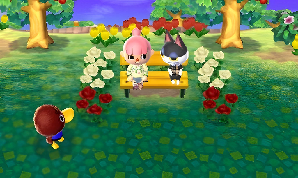 In Animal Crossing: New Leaf World Edition sitzen zwei Charaktere auf einer Bank, umgeben von Blumen.
