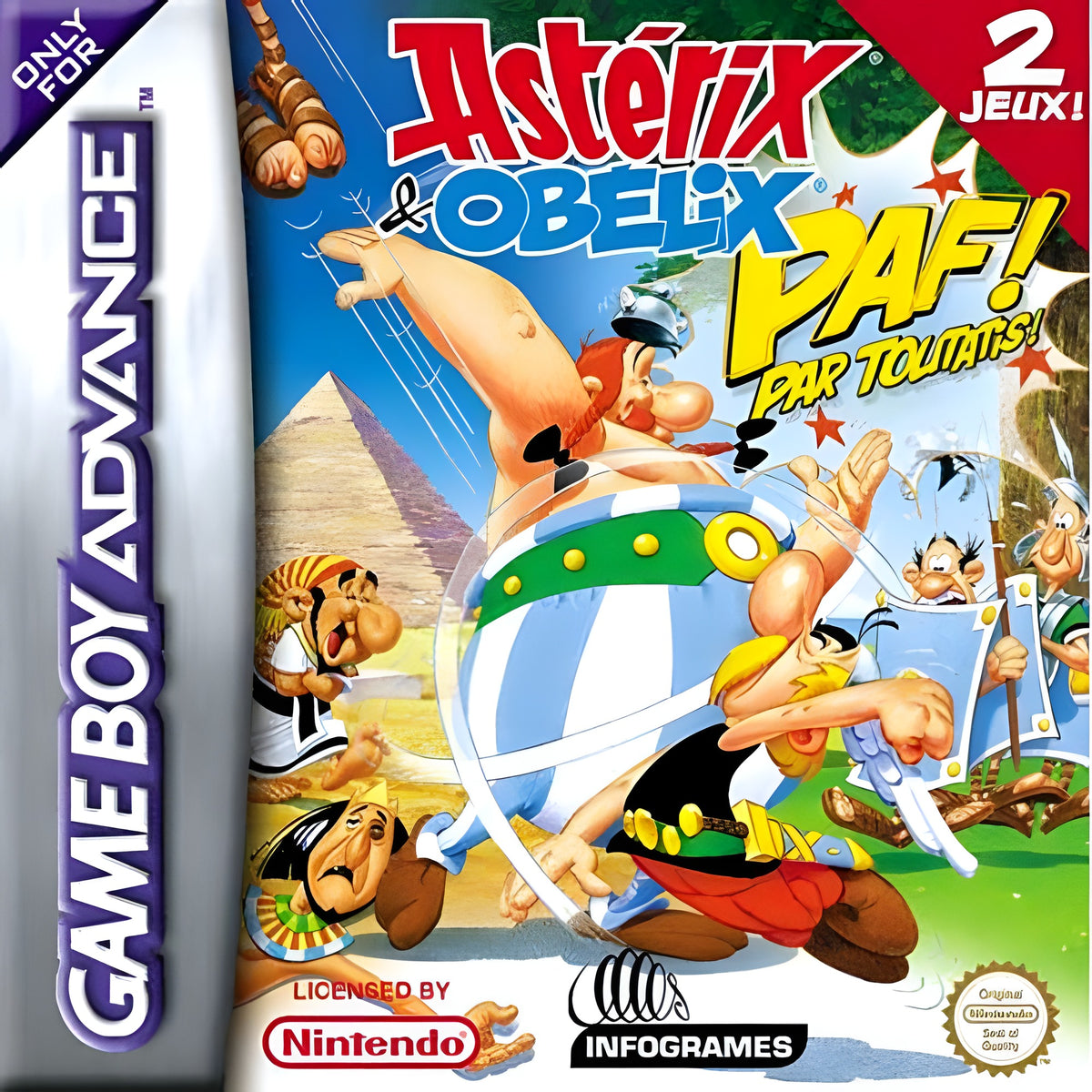 Das Cover von Asterix & Obelix: PAF! Par Toutatis! für GameBoy Advance zeigt Obelix, der Asterix durch die Luft schleudert.