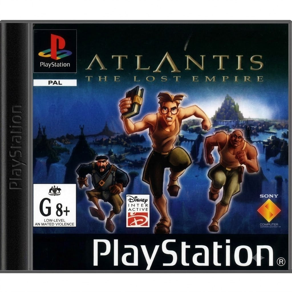 Das Cover von Atlantis: The Lost Empire für PS1 zeigt drei rennende Charaktere und das G8+ Alterskennzeichen.