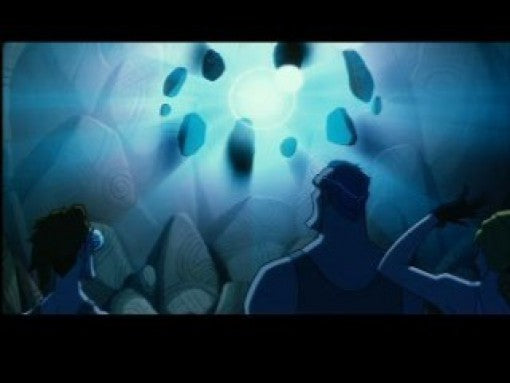 Mehrere Charaktere blicken in einer Höhle auf ein hellblau leuchtendes Objekt, das von schwebenden Steinen umgeben ist.