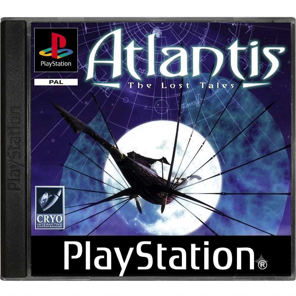 Das Cover von Atlantis: The Lost Tales für PS1 zeigt ein fliegendes Schiff vor einem Mond mit Sternen.