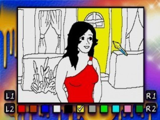 Eine Frau mit schwarzem Haar und rotem Kleid wird in einem Malspiel ausgemalt, mit Farbauswahl und Controller-Tasten.