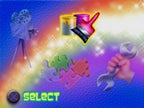 Ein Spielmenü zeigt verschiedene Icons wie eine Filmkamera, Farbtöpfe, Puzzleteile und einen Schraubenschlüssel.