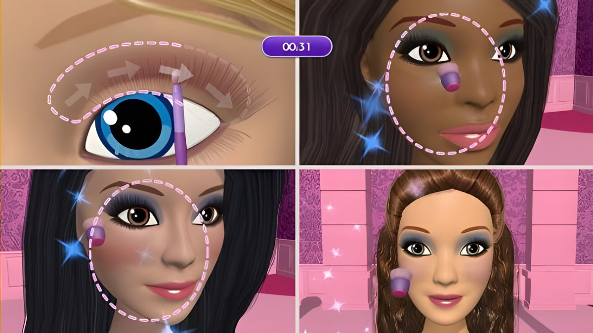 In Barbie: Dreamhouse Party werden vier verschiedene Charaktere geschminkt, darunter ein blaues Auge und drei Gesichter.
