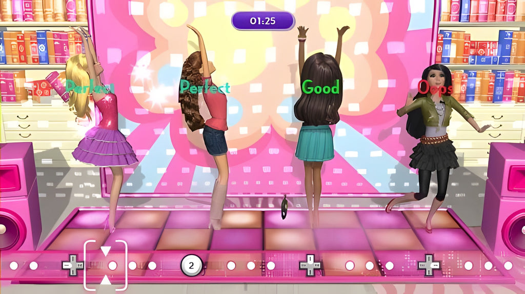 Eine Tanzszene aus Barbie: Dreamhouse Party zeigt vier Freundinnen auf einer pinken Tanzfläche.