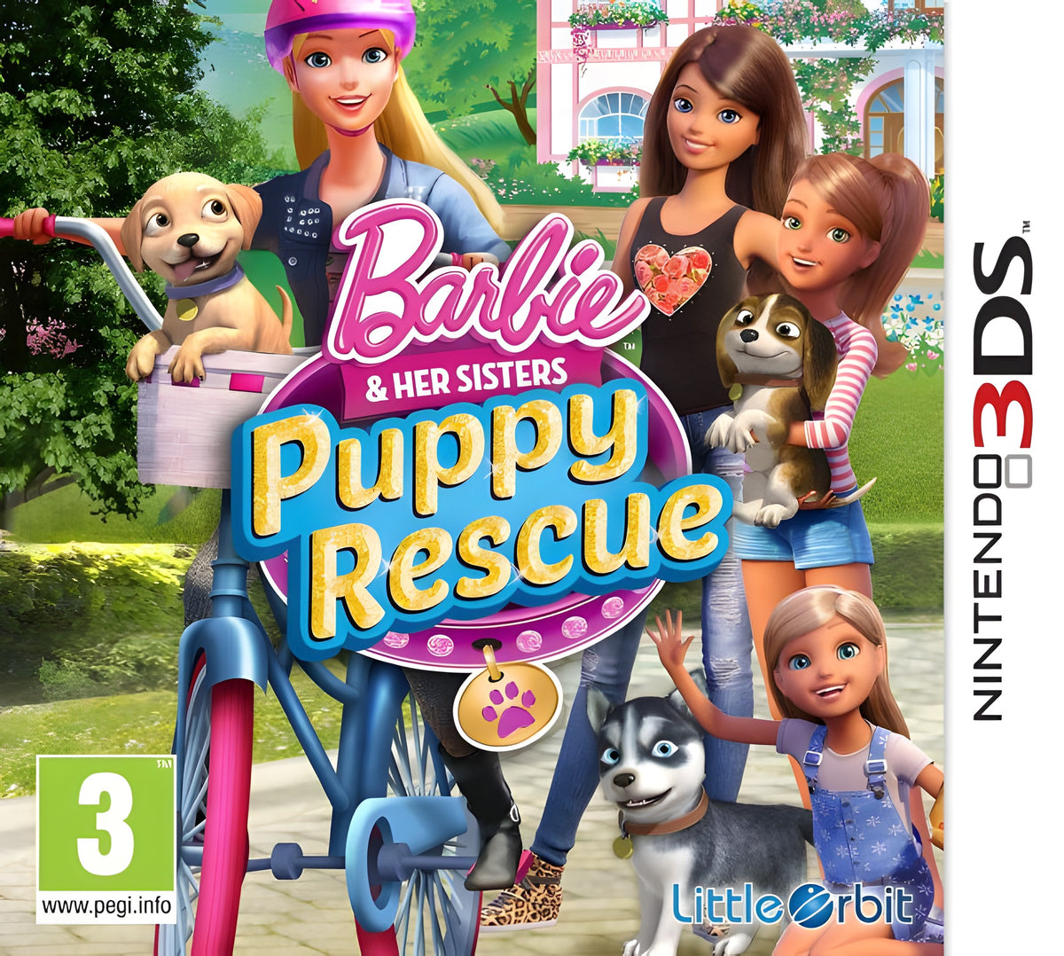 Das Cover von Barbie & her Sisters: Puppy Rescue zeigt Barbie und ihre Schwestern mit Welpen im Park, PEGI 3.