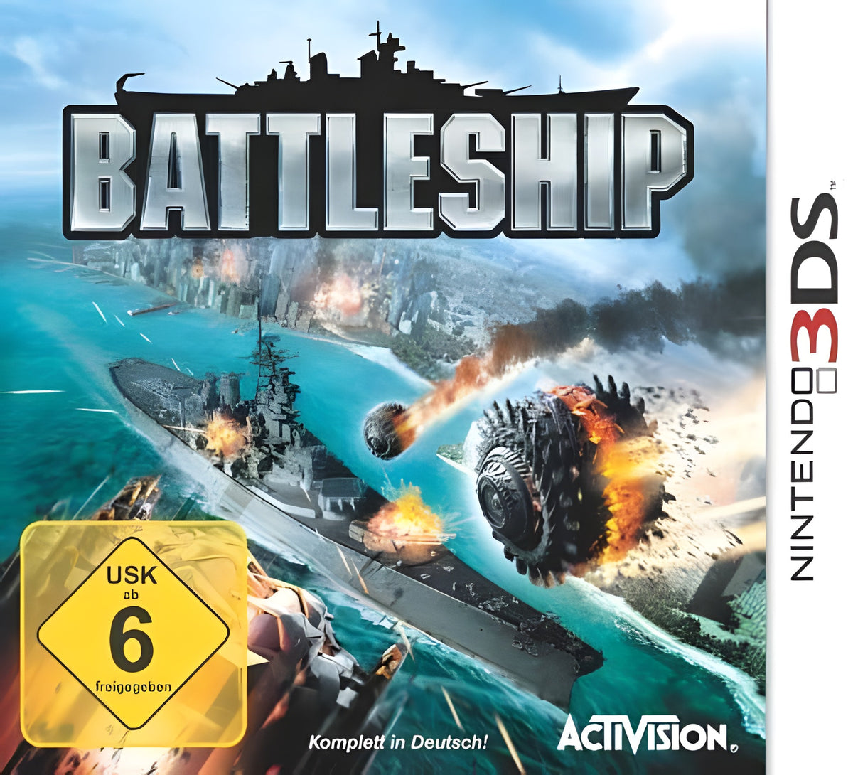 Das Cover von Battleship für Nintendo 3DS zeigt ein Schlachtschiff im Kampf und das USK-Siegel ab 6 Jahren.
